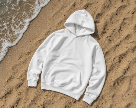 White Hoodie Mockup on Beach Sand Flat Lay