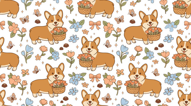 Cute Corgi Dog Pattern with Flowers and Butterflies