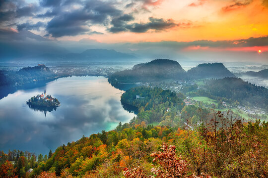 Sunrise over popular tourist destination  Bled lake.