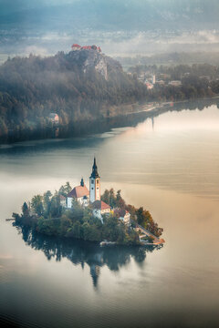 Sunrise over popular tourist destination  Bled lake.