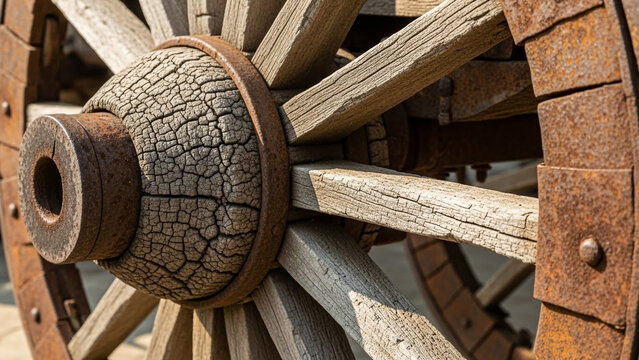 Close-up of old wooden wagon wheel with rusty metal bands and cracked wood texture