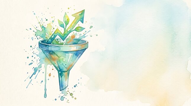 Watercolor business funnel with green upward arrow and copy space
