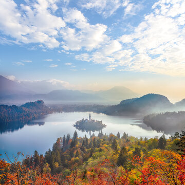 Sunrise over popular tourist destination  Bled lake.