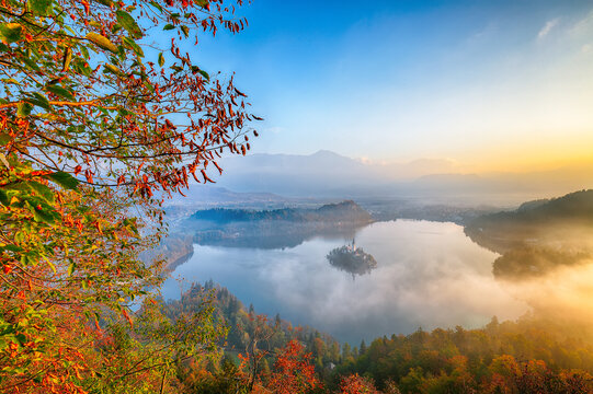Sunrise over popular tourist destination  Bled lake.