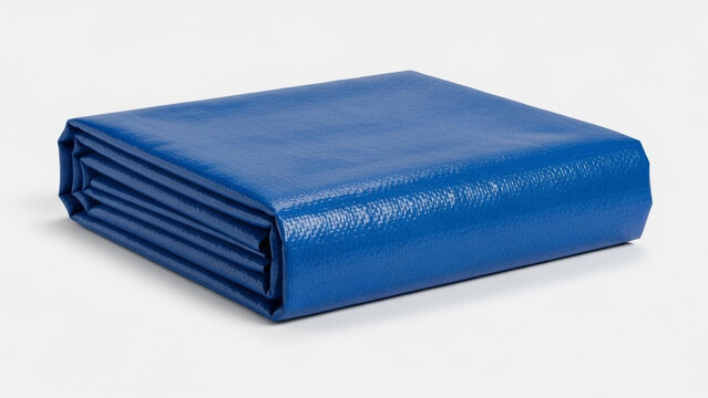 Folded blue tarp neatly stacked on a plain white background for storage