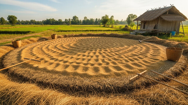 Rice threshing circle in a rural field with a hut and tools
