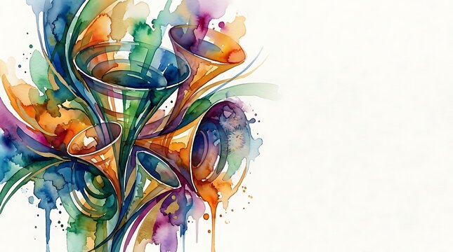Vibrant watercolor brass instruments with artistic paint splatters
