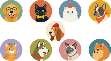 Fototapeta premium Cute Domestic Pets Round Avatar Vector Set Featuring Popular Cat and Dog Breeds wearing Fashion Accessories for Profile Pictures and Pet Shop Branding Layouts