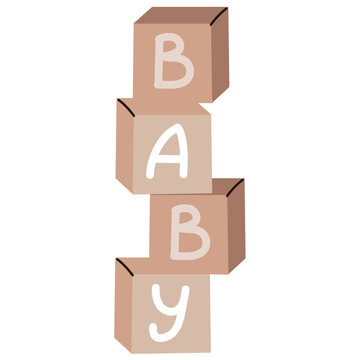 Stacked wooden baby toy blocks spelling BABY word, pastel brown nursery alphabet cubes vector illustration isolated on white background