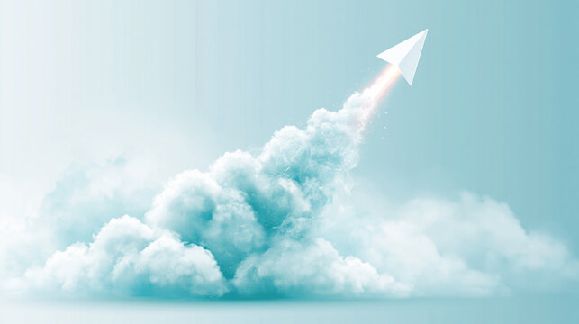 A paper airplane ascends swiftly through a clear sky, leaving a trail of fluffy clouds symbolizing creativity and ambition.