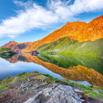 Awesome sunset view of Balea glacier lake near the Transfagarasan road.