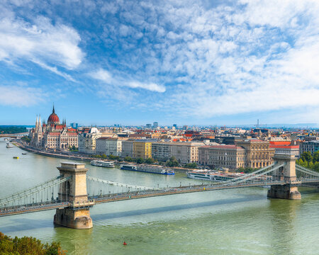 Gorgeous cityscape of Budapest  with  Szechenyi Chain bridge over Danube river.