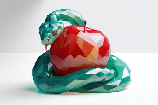 Low-poly snake coiled around a glossy red apple in geometric polygon art