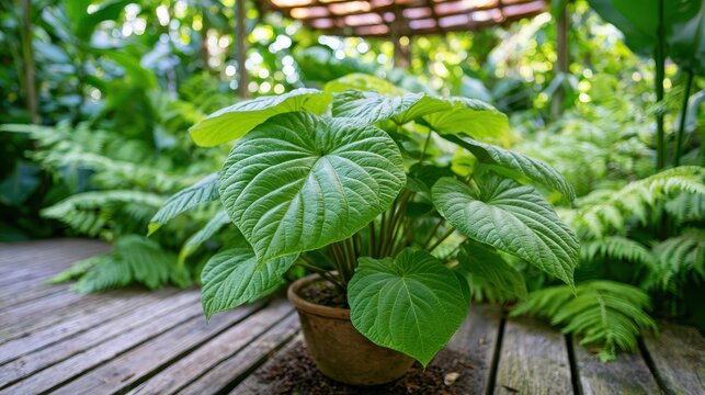 Lush kava plant in a clay pot amid tropical foliage and natural light