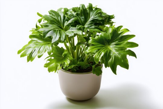 Lush philodendron selloum with broad leaves in a minimalist white setting for interior decor photos