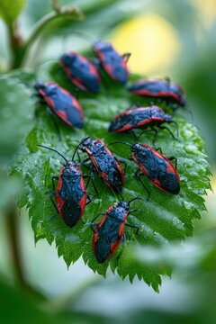 Macro close-up of boxelder bugs clustering on a green leaf in morning light