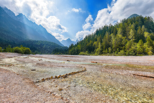 Gorgeous view on river near Jasna lake with beautiful mountains