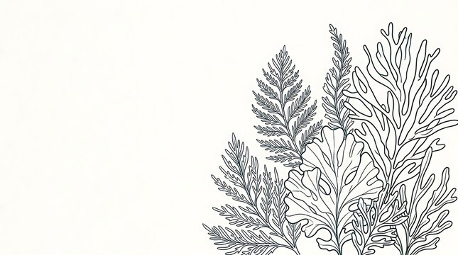 Minimalist botanical line art with elegant leaves and ferns