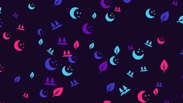 A dark background with scattered moons leaves and trees in bright colors