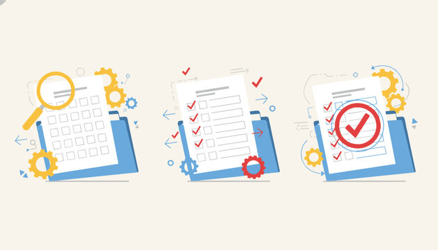 Magnifying glass inspecting document checklists inside folders with gears and red checkmarks.