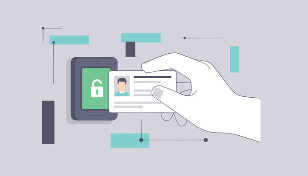 Hand holding an identification card next to a digital security scanner unit with an unlocked padlock.