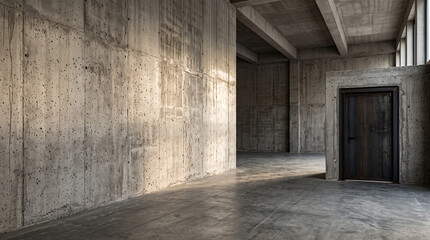 Obraz premium Raw board formed concrete interior with a steel door and polished floor