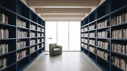 Obraz premium Home library corridor with navy shelves and armchair beside a bright window