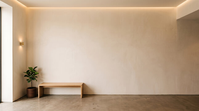 Slim wooden bench and potted fig against a wide plaster wall