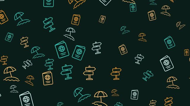 A pattern of travel icons on a dark background
