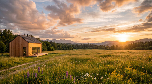 Timber cabin in a wildflower meadow as the sun sets behind mountains