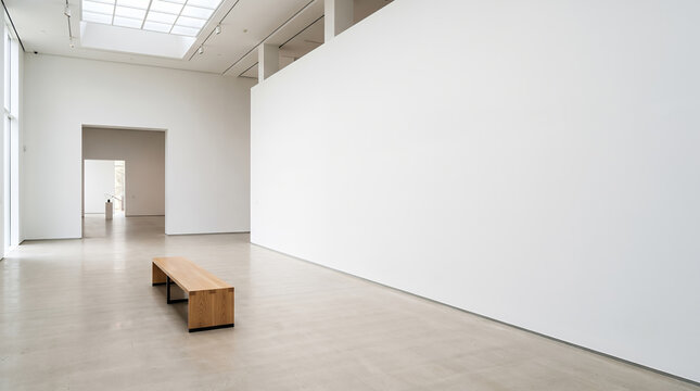 Wooden bench facing a large blank wall in a skylit gallery
