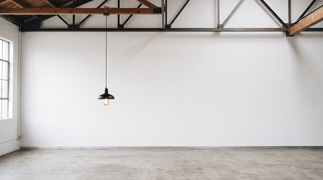Single pendant bulb hanging before a white wall under steel roof trusses