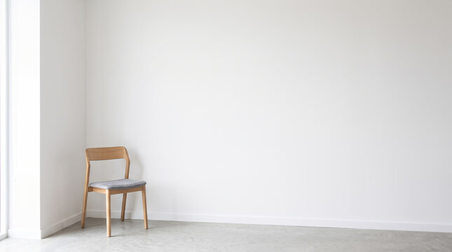 Empty white room with a single wooden chair beside a bright window