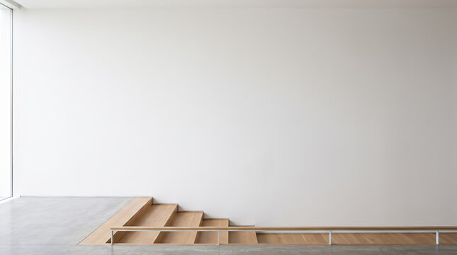 Low wooden steps and platform meeting a large blank white wall