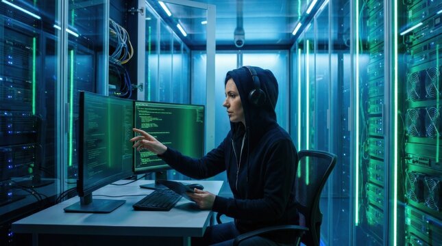 Female IT Specialist and Software Developer Analyzing Green Coding Lines on Multiple Computer Monitors in a High Tech Server Room, cinematic widescreen banner representing cybersecurity and data analy