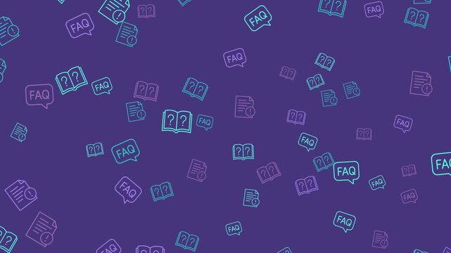 A purple background with a pattern of neon blue and pink FAQ and question mark icons