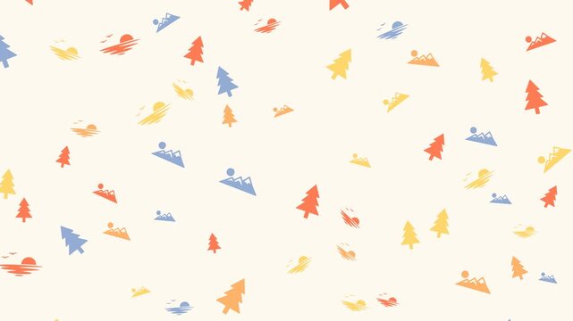 A repeating pattern of colorful flat cartoon icons of trees and landscapes