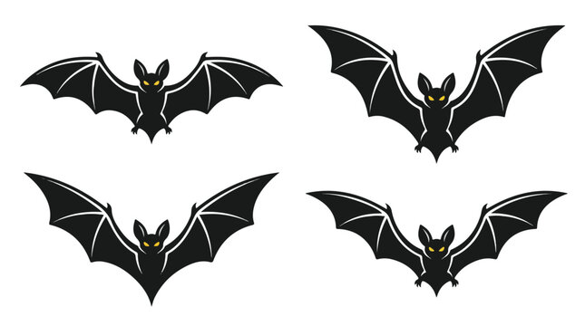 Spooky Halloween flying bat vector set with glowing yellow eyes isolated on white background.