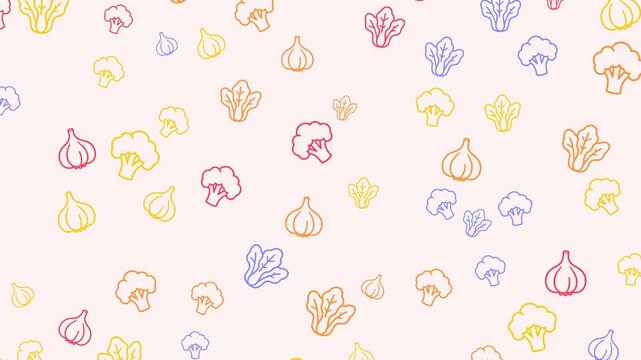 A repeating pattern of colorful outlined vegetables on a pale pink background