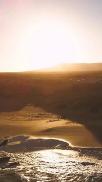 Aerial perspective revealing the glistening ocean waves meeting a sandy shore, then transitioning over a vast desert landscape with off-road vehicles parked during a beautiful golden sunset