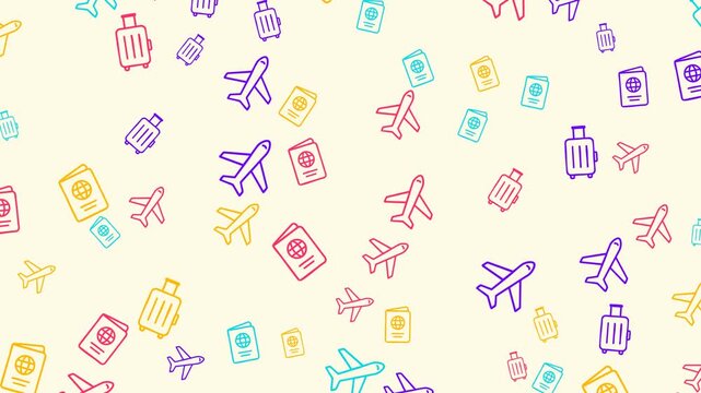 A repeating pattern of colorful travelthemed icons on a pale yellow background