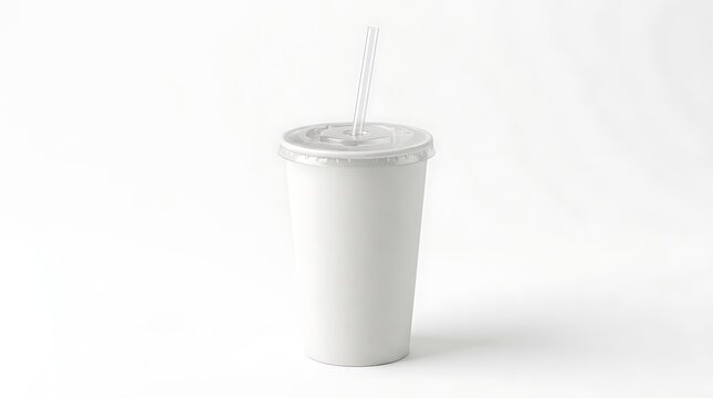 White paper coffee cup with a plastic lid and drinking straw for cold takeaway drinks and soda. fountain soda cup