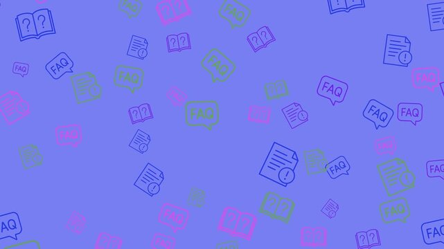 A seamless pattern of FAQ icons and open books on a purple background