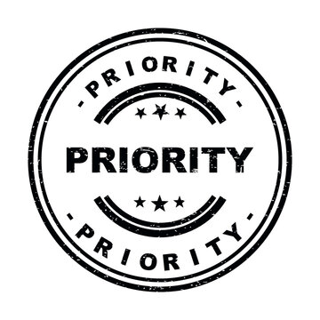 Black round priority stamp seal with retro distressed texture for documents isolated on transparent background