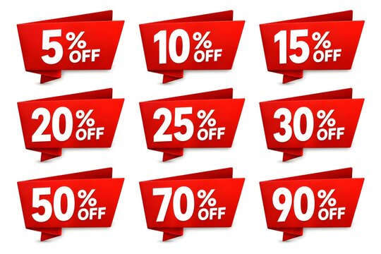 Discount Ribbon Banner Set, Percentage Sale Label Collection, Promotional Discount Flags, Retail Sale Ribbon Pack, Red Offer Banner Bundle