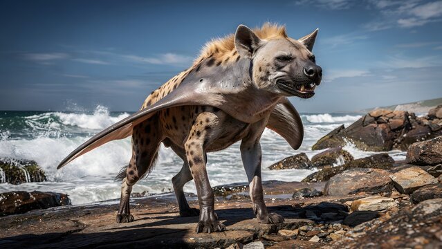 Surreal fantasy winged hyena creature on rocky coast