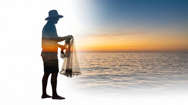 Fisherman silhouette casts net against a vibrant sunset over the ocean.