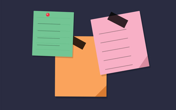 Sticky notes pinned to a dark blue wall flat vector illustration