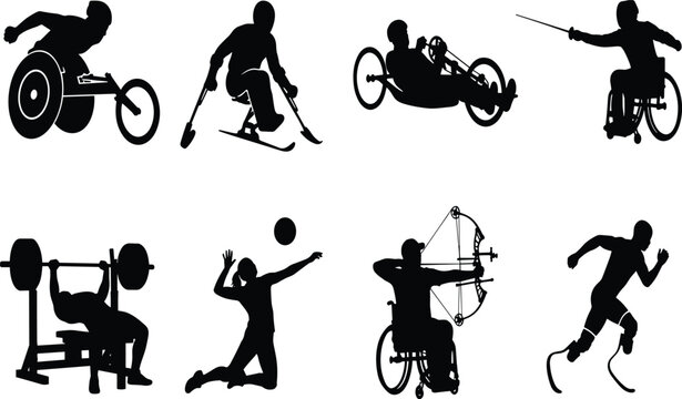 Adaptive sports disabled athlete solid black silhouette set featuring wheelchair racing, handcycling, archery, powerlifting, and sit skiing