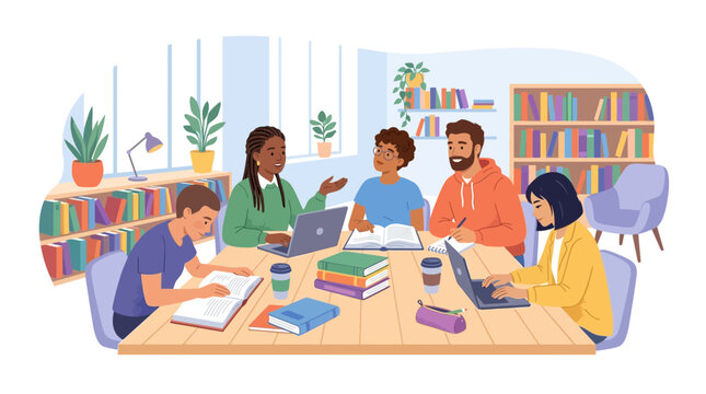Diverse group studying together in a library